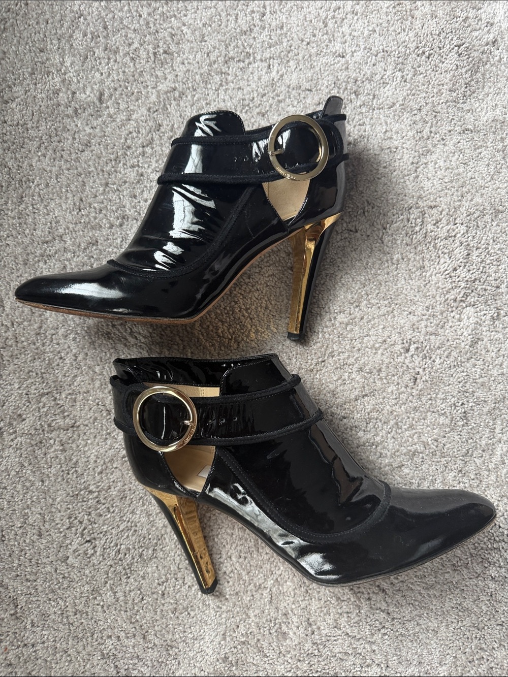 Jimmy Choo Black Patent Ankle Booties with Gold Heel and Buckle